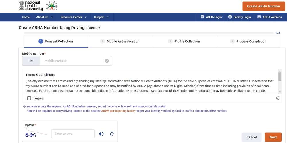 create abha number using driving licence