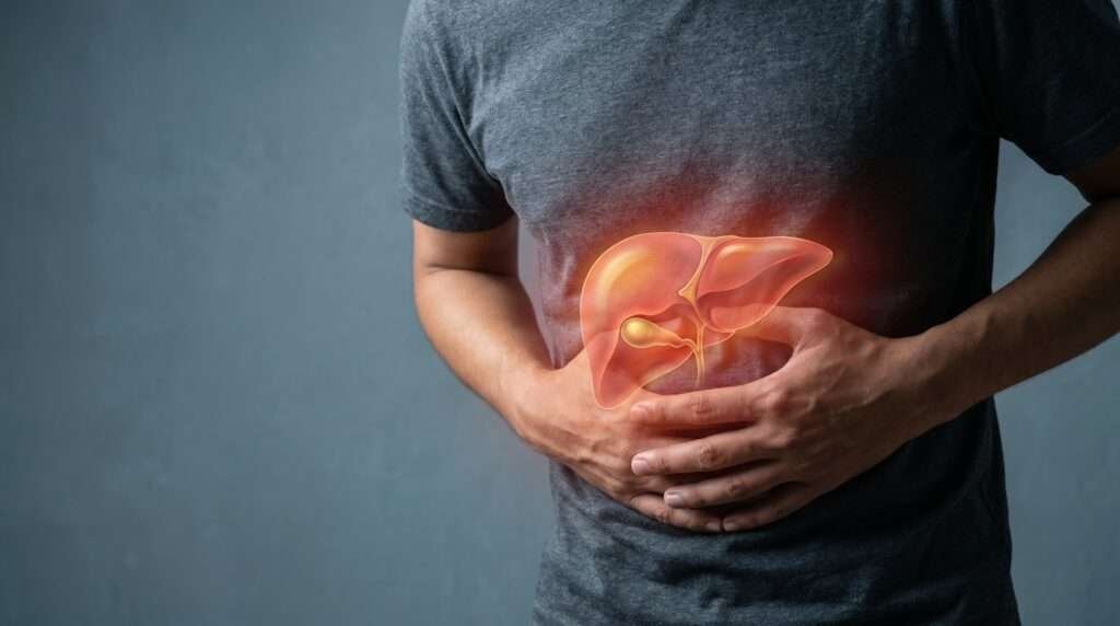 Man holding his abdomen with a fatty liver illustration over the affected area