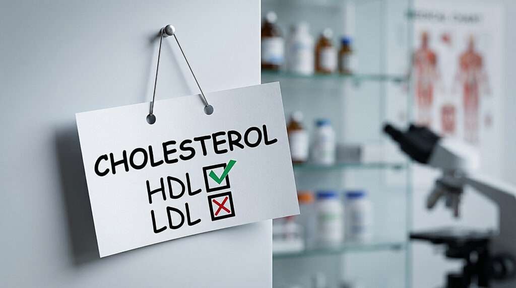 Cholesterol sign marking HDL as good and LDL as bad, explaining high cholesterol