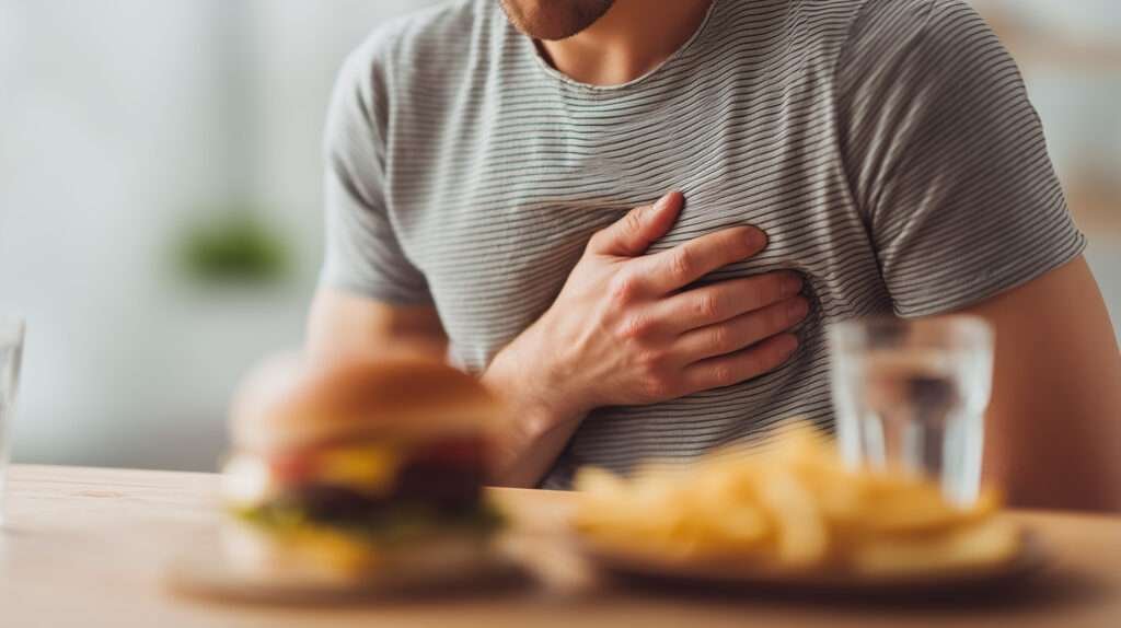 GERD vs acidity discomfort as a man holds his chest after a heavy fast food meal